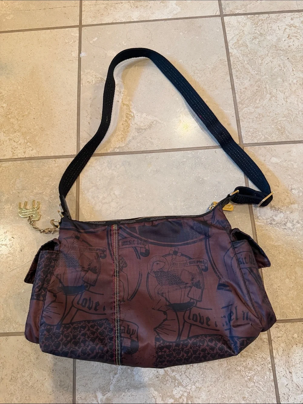 Casual Brown Graphic Crossbody Bag with Black Strap